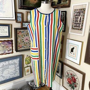 70s Vintage Village Inn Fashions Rainbow Striped Seersucker Midi House Dress XL